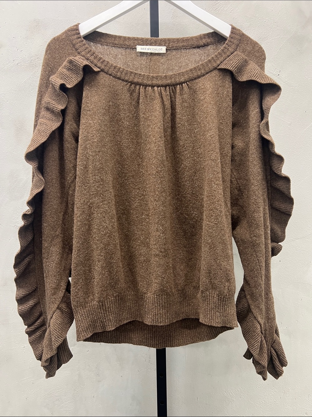See By Chloe Brown Ruffle-Trim Sweater